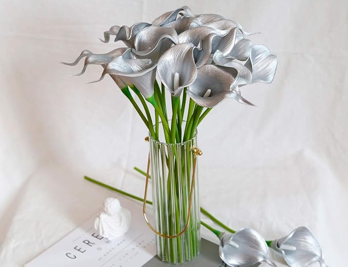 DuHouse 20Pcs Artificial Calla Lily Flower Real Touch Latex Flowers for DIY Wedding Bouquet Party Home Decor (925 Silver)