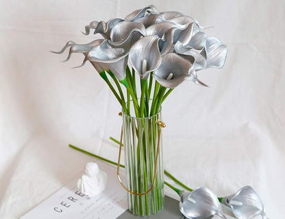 DuHouse 20Pcs Artificial Calla Lily Flower Real Touch Latex Flowers for DIY Wedding Bouquet Party Home Decor (925 Silver)