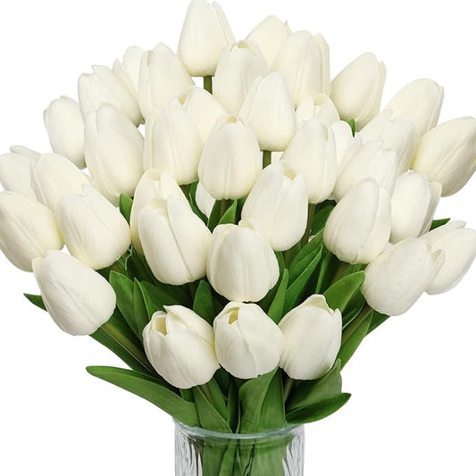 30pcs Tulips Artificial Flowers, Artificial Latex Real Touch Tulips Flowers Bouquet for Mother's Day Easter Wedding Party Home Decor-White