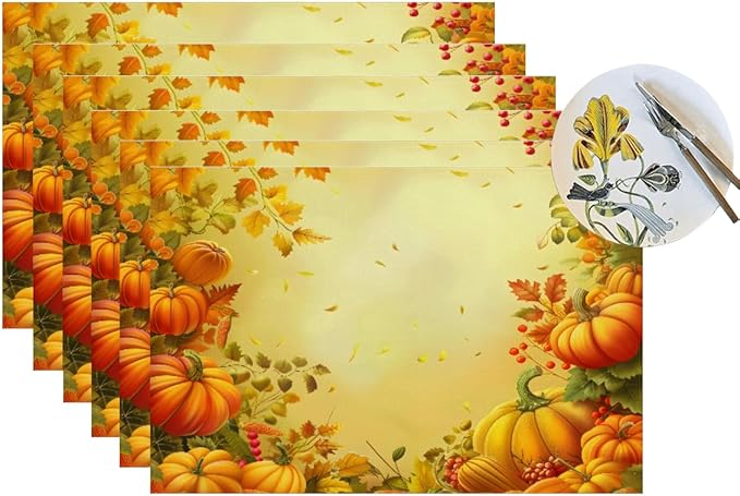 PVC Placemats Set of 6 Wipeable Table Mats Washable Heat Resistant Non Slip Vinyl Dining Table Mat for Kitchen Indoor Outdoor Patio Farmhouse Place Mats Thanksgiving Pumpkin Leaf Decorative