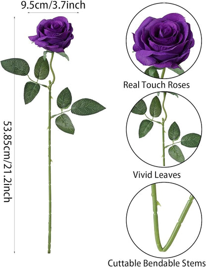 LFF 10pcs Silk Roses Artificial Flowers Fake Long Stem Roses for DIY Wedding Bouquet Home Decoration (Purple)