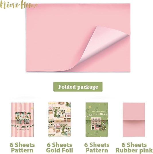 NICROHOME EUR 24 Sheets Christmas Tissue Paper, Sage Green Pink Tissue Wrapping Paper with Christmas Tree House Snowman Socks Pattern, Small Gifts Wrapping Paper for Xmas Crafts Gifts (15 X 20 Inch)