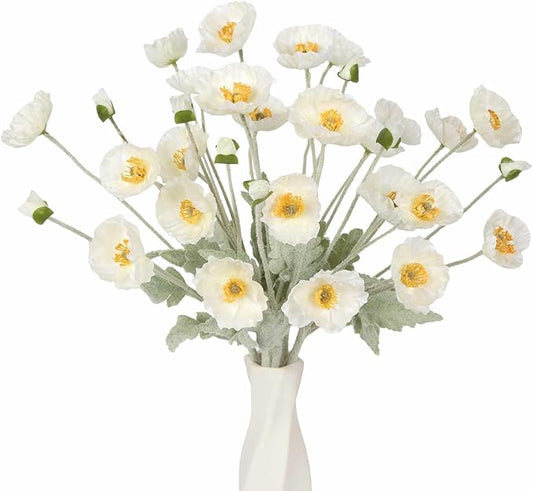 White Poppy Flowers Artificial,8PCS Fake Poppies 22.8" Realistic Silk Flowers with Stems for Wedding Party Table Centerpiece Home Decor(White)