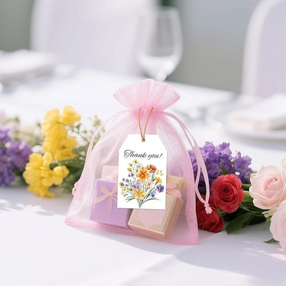 G2PLUS 50Pcs Thank You Tags - 3.3x2.2 in Floral Gift Tags with String, Thank You for Celebrating with Us Tag, White Paper Party Favors Hangtag for Wedding, Baby Shower, Bridal Shower, Birthday