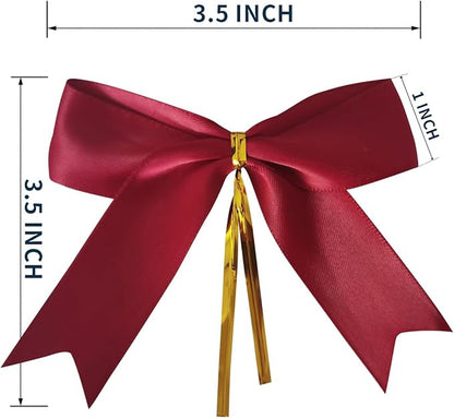 50pcs 3-1/2" Burgundy Twist Ties Satin Wine Color Bows with Twist Tie Bows Fish Tail Cutting(Burgundy)