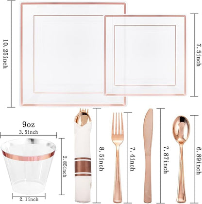 DaYammi 175 PCS Rose Gold Plastic Plates, Rose Gold Plastic Dinnerware Sets Includes: 25 Dinner Plates, 25 Salad Plates, 25 Pre Rolled Napkins with silverware 25 Cups 9 OZ, Perfect for Valentine's Day