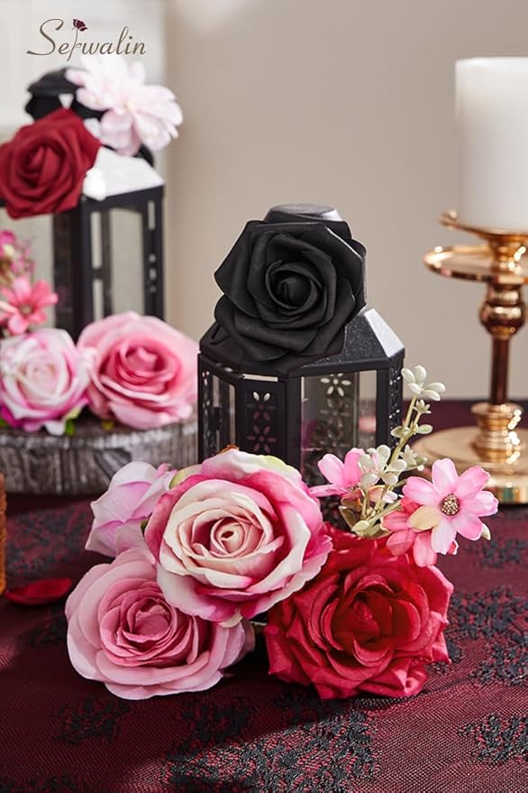 Serwalin 2PCS Artificial Flowers Black Hot Pink Fake Silk Flowers for DIY Wedding Bouquets, Wedding Cake Flowers for Table Centerpieces Baby Shower Birthday Party Home Decorations