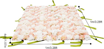CNCEST Artificial Flower Wall Panels, Flower Wall Mat Silk Rose Flower Panels, Artificial Flower Wall Background (Green+White+Champagne)
