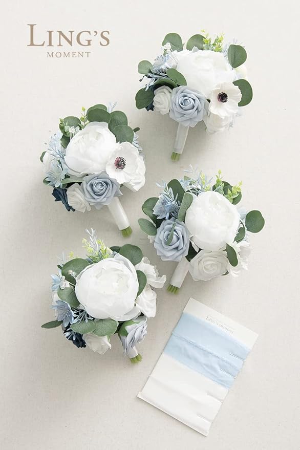 Ling's moment Artificial Flowers Dusty Blue Bridesmaid Bouquet Set of 4, Blue & White Wedding Flowers Bouquets for Bridesmaids, 7 Inch Bridal Bouquets for Bridesmaids
