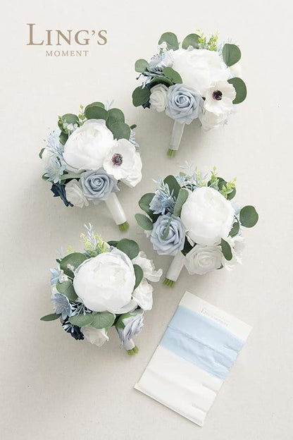 Ling's moment Artificial Flowers Dusty Blue Bridesmaid Bouquet Set of 4, Blue & White Wedding Flowers Bouquets for Bridesmaids, 7 Inch Bridal Bouquets for Bridesmaids