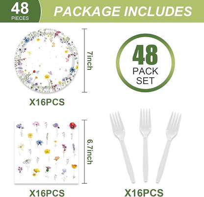 48pcs Flower Party Decoration Set,16 Dessert plate,16 Napkin And 16 Fork,16 persons Baby in Bloom Floral Disposable tableware,Wildflower Birthday Party Supplies (Multicolor 24)