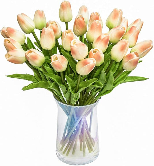 30pcs Artificial Tulips Flowers Real Touch Champagne Tulips Fake Holland PU Tulip Bouquet Latex Flowers for Wedding Party Office Home Kitchen Decoration (Champagne)