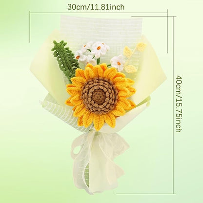Crochet Flowers Finished Bouquet Crocheted Cotton Thread Flowers, Handmade Crochet Rose Tulip Fern Leaf as a Gift for Lover, Friends. Artificial Flower (Yellow)