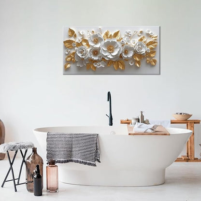 IDAFU Flower Wall Art White Foral and Golden Leaves Wall-décor White Wall Art Floral Painting Pictures for Living Room Bathroom Bedroom Kitchen Office Cuadros Decorativos Para Sala Decor 46L x 23W