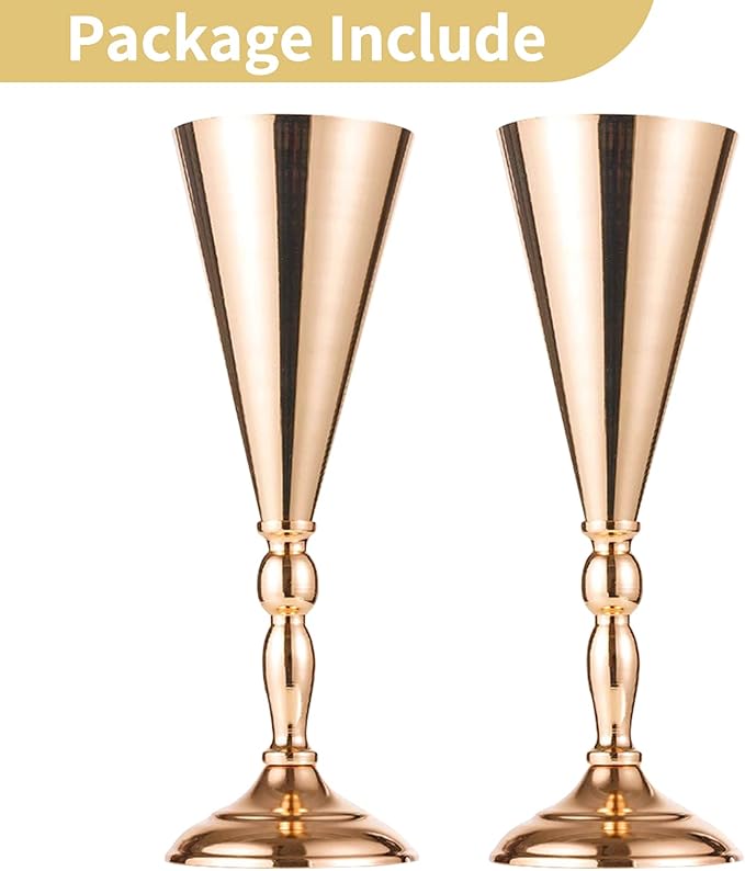 2 Pcs Set Metal Wedding Flower Trumpet Vase Stand, 14 inch Table Decorative Centerpiece Artificial Flower Arrangements for Anniversary Ceremony Party Birthday Event Aisle Home Decoration (Gold)