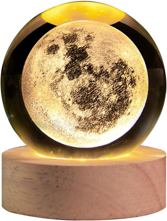 3D Moon Crystal Ball with LED Stand, Moon Figurine Decor Glass Sphere Lamp, Space Planet Globe Night Light Gifts for Women Men Mom Kids