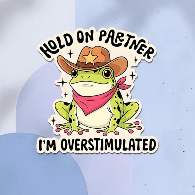 HANDICHI Design 5-Pack 5 Inch Hold On Partner I’m Overstimulated Stickers – Funny Meme Vinyl Decals for Water Bottles, Laptops, Journals, Scrapbooks – Sarcastic Gift for Frog Lovers