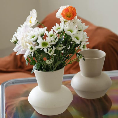 Wide Mouth Ceramic Flower Vase, Minimalist Decor for Living Room (Crème)