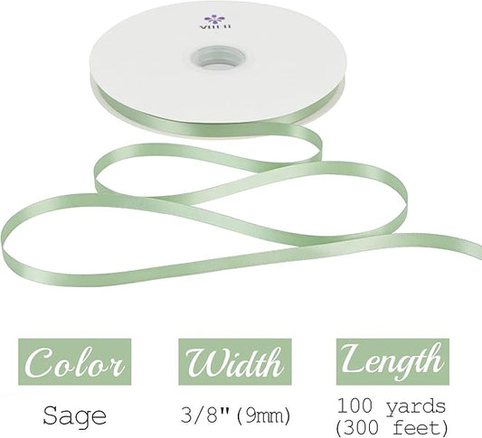 MEEDEE Sage Ribbon 3/8 Inch Sage Green Double Faced Satin Ribbon Wedding & Baby Shower, 100 Yards