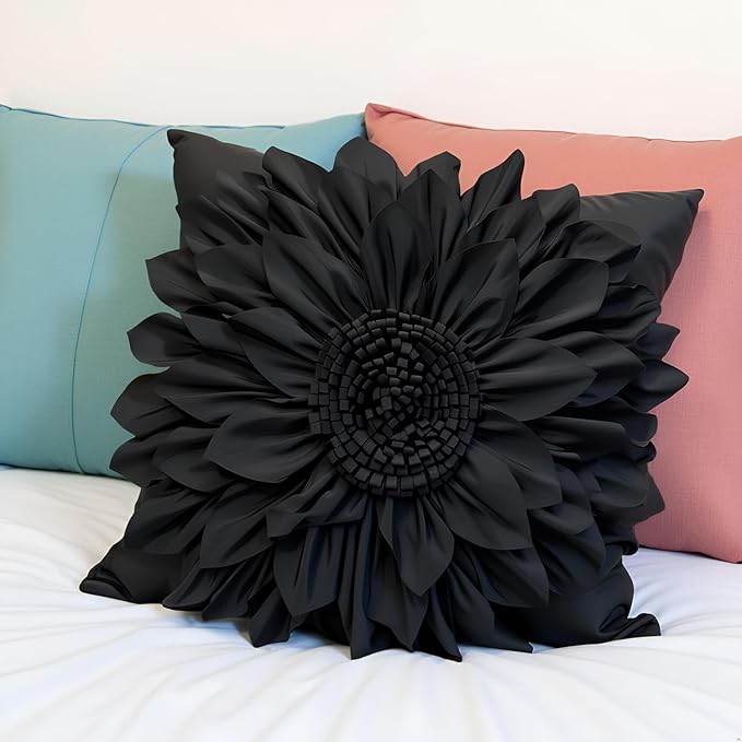Bella's Giftshop Black Decorative Throw Pillow Covers 18x18 Inch for Bed Sofa Couch, Handmade 3D Accent Sunflower Floral Pillowcase, Living Room Decor