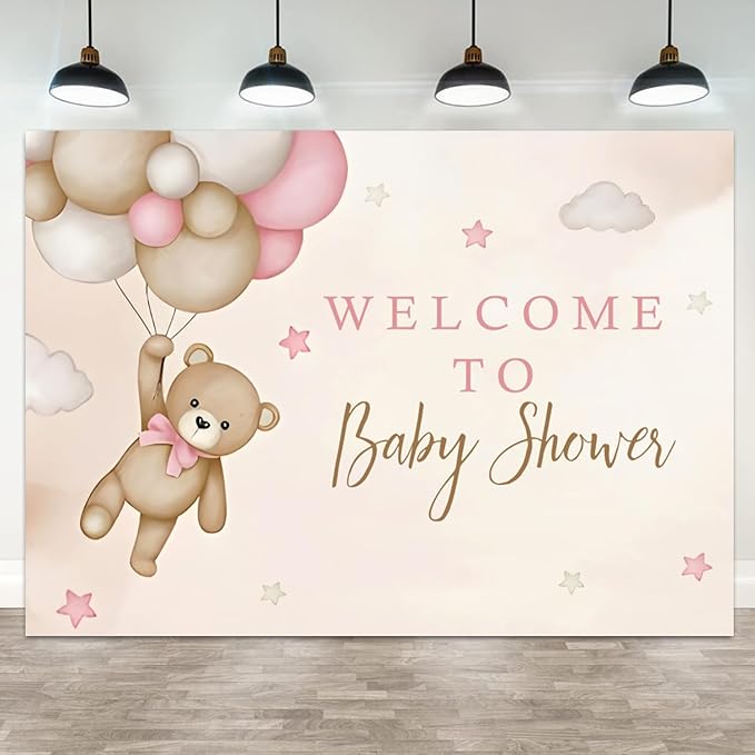 12x8ft Bear Baby Shower Backdrop Brown Pink Hot Air Balloon Photography Background Sky Cloud Star Welcome to Baby Shower Decorations Pregnancy Announcement Portrait Photo Booth Prop