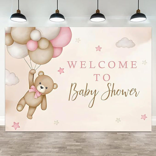 15x8ft Bear Baby Shower Backdrop Brown Pink Hot Air Balloon Photography Background Sky Cloud Star Welcome to Baby Shower Decorations Pregnancy Announcement Portrait Photo Booth Prop