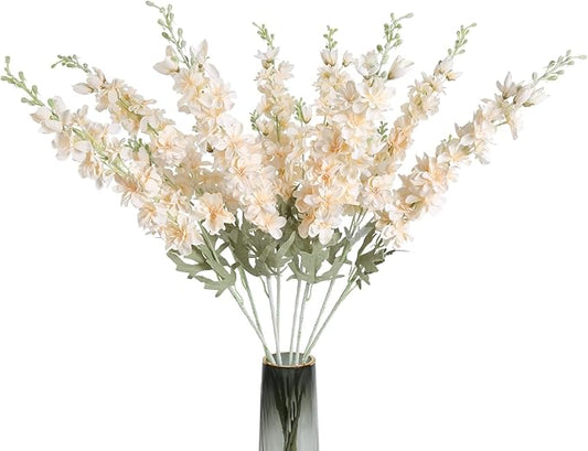 8pcs Delphinium Artificial Flowers 33.5in Long Stem Larkspur Fake Silk Flowers for Tall Vase Faux Flowers for Home Wedding Baby Shower Floral Arrangement Centerpiece Table Decoration (Champagne)