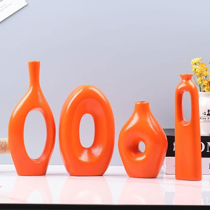 Orange Ceramic Vase Set of 4 - Round Hollow Boho Vases for Pampas Grass and Flowers Decor, Modern Minimalist Small Vases for Living Room, Bedroom, Fireplace, Coffee Table Decor and Centerpieces