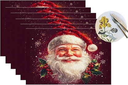 PVC Placemats Set of 6 Wipeable Table Mats Washable Heat Resistant Non Slip Vinyl Dining Table Mat for Kitchen Indoor Outdoor Patio Farmhouse Place Mats Santa Claus Red Xmas Decorative