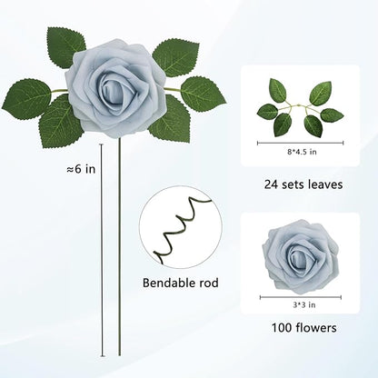 100Pcs Powder Blue Artificial Flowers Realistic Roses, Real Looking Fake Roses with Stem for DIY Wedding Bouquets Centerpieces Bridal Shower Party Home Romantic Decorations (Powder Blue, 100pcs)