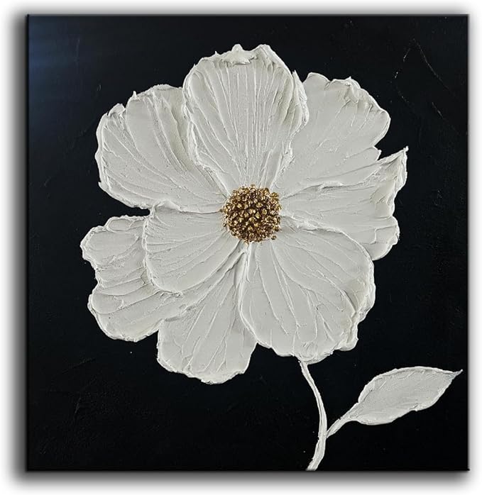 YaSheng Art - Thick Texture Flowers Abstract Oil Painting Hand-Painted Black and White Wall Art Minimalist modern Art Paintings Home Living room Room Dining Room Bedroom Wall Decorative Art Oil Painting 24x24inch