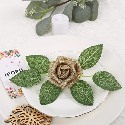 IPOPU Foam Gold Roses,50pcs Glitter Roses Gold Flowers Gold Roses with Stems for DIY Wedding Bridal Bouquet Home Party Decoration(Gold)