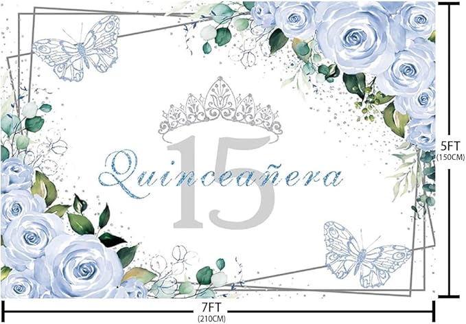 SENDY 7x5ft Quinceañera Backdrop Mis Quince 15 Anos Birthday Party Decoration Supplies for Girl Princess Blue Floral Butterfly Silver Crown Photography Background Banner Photo Booth Studio Props