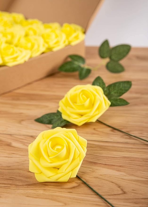 Artificial Flower Foam Rose 25pcs Real Looking Fake Rose with Stems Leaves for Home Decoration Party Garden Centerpieces DIY Wedding Bouquets（Yellow）