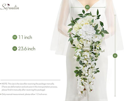 Serwalin 11Inch Bridal Bouquet White Green Wedding Bouquets for Bride Bridesmaid Artificial Wedding Flowers for Wedding Ceremony Anniversary