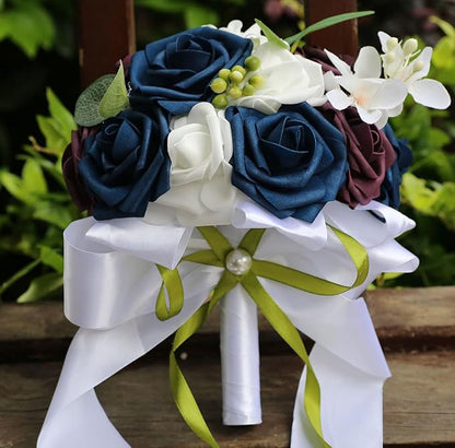 Lightweight Bridal Wedding Bouquet Round Holding Bouquet Throw Toss Artificial Rose Flower Bunch for Bride Bridesmaid Wedding Quinceanera (White, Navy & Dark Puce, 7.9")