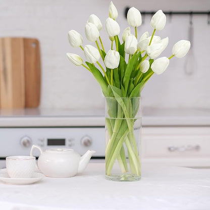 Real Touch Artificial Tulips, 20pcs Fake Tulip Flowers Stem, PU Faux Tulips 19.7” for Mother's Day, Home Decor, Wedding, Easter Valentine's Gift, Table Centerpiece, Floral Arrangements, White