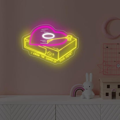 Heart shape vinyl record neon sign, Music Wall Décor, 90s theme party decoration, music decor, bar decor, Home, A esthetic Room, Wedding, Party, Kitchen, Record Label, Sound Studio, Yellow