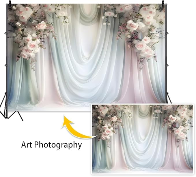 Leowefowa Floral Backdrop for Wedding Decor Pink Rose Flower White Curtain Wall Photography Background for Baby Shower Wedding Anniversary Ceremony Party Decorations Banner Studio Props 10x6.5ft Vinyl