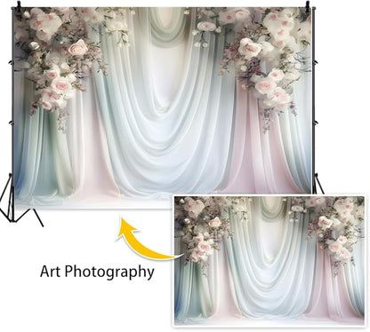 Leowefowa Floral Backdrop for Wedding Decor Pink Rose Flower White Curtain Wall Photography Background for Baby Shower Wedding Anniversary Ceremony Party Decorations Banner Studio Props 12x10ft Vinyl