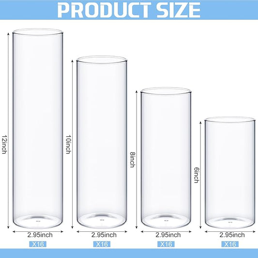 Sawysine 64 Pcs Glass Cylinder Vases 2.5''/2.95''/3.9'' Diameter Clear Flowers Vase Hurricane Floating Candles Holders for Table Centerpieces (2.95 x 6 in,2.95 x 8 in,2.95 x 10 in,2.95 x 12 in)