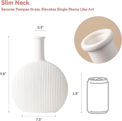 White Ceramic Vase with Vertical Fluted Texture - 9.8" Unique Flower Vase for Pampas Grass & Centerpieces, Decorative Boho/Farmhouse Vase for Living Room, Office Desk & Gift for Her/Yourself