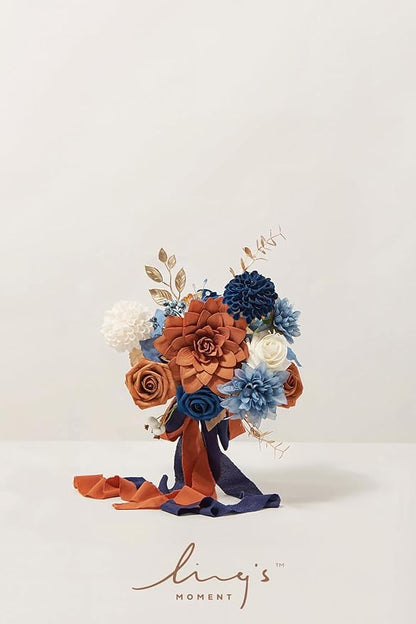 Ling's moment Artificial Flowers Orange & Navy Bridesmaid Bouquet Set of 4, Orange Wedding Flowers Bouquets for Bridesmaids, 7 Inch Bridal Bouquets for Bridesmaids, Wedding Decor, etc