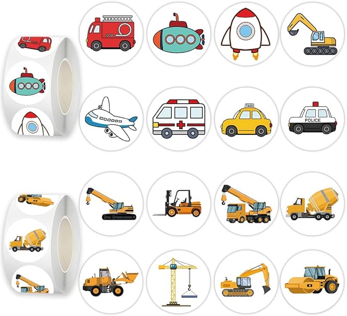 1000 Pcs Truck Car Stickers Bulk.Teacher Reward Stickers for Kids Classroom Boys Girls School,2 Roll 1 Inch Construction Pack Sticker Gift for Party Favors Book Water Bottles Phone Case Laptop