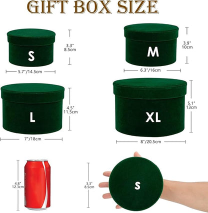 GnFlus Round Gift Boxes with Lids for Presents Set of 4 Green Velvet Nesting Gifts Box for Arrangements Flowers Wedding Birthday Valentines Bridesmaid Christmas Party Anniversary