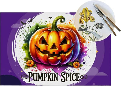 PVC Placemats Set of 1 Wipeable Table Mats Washable Heat Resistant Non Slip Vinyl Dining Table Mat for Kitchen Indoor Outdoor Patio Farmhouse Place Mats Funny Purple Halloween Pumpkin Decorative