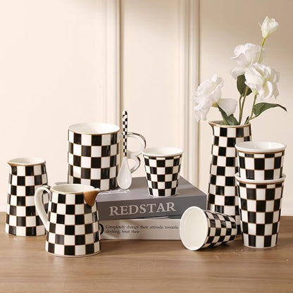Porlien Checker Porcelain Flower Vase Home Decor Set of 2 with 5.5' High and 8' High Flower Bottle