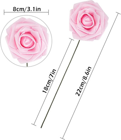 Artificial Flower Foam Rose 25pcs Real Looking Fake Rose with Stems Leaves for Home Decoration Party Garden Centerpieces DIY Wedding Bouquets（Light Pink）