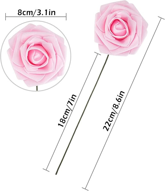 Artificial Flower Foam Rose 25pcs Real Looking Fake Rose with Stems Leaves for Home Decoration Party Garden Centerpieces DIY Wedding Bouquets（Light Pink）
