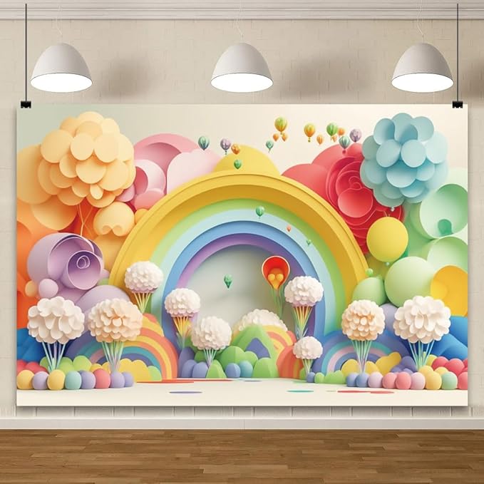 YongFoto Paper Flowers Backdrop 8x6ft Colorful Cut Paper Floral Blossom Rainbow Arch Hot Air Balloon Honeycomb Ball Photography Background Lovely Party Banner Home Decor Photo Studio Booth Props